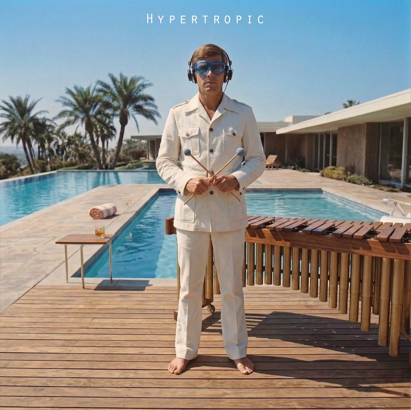 ニューアルバム HYPERTROPIC のジャケット — プールサイドでマレットを構えて立つDon Hibiscus